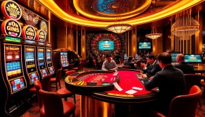 Exciting gaming action at cổng game 789club with vibrant slot machines and a roulette wheel.