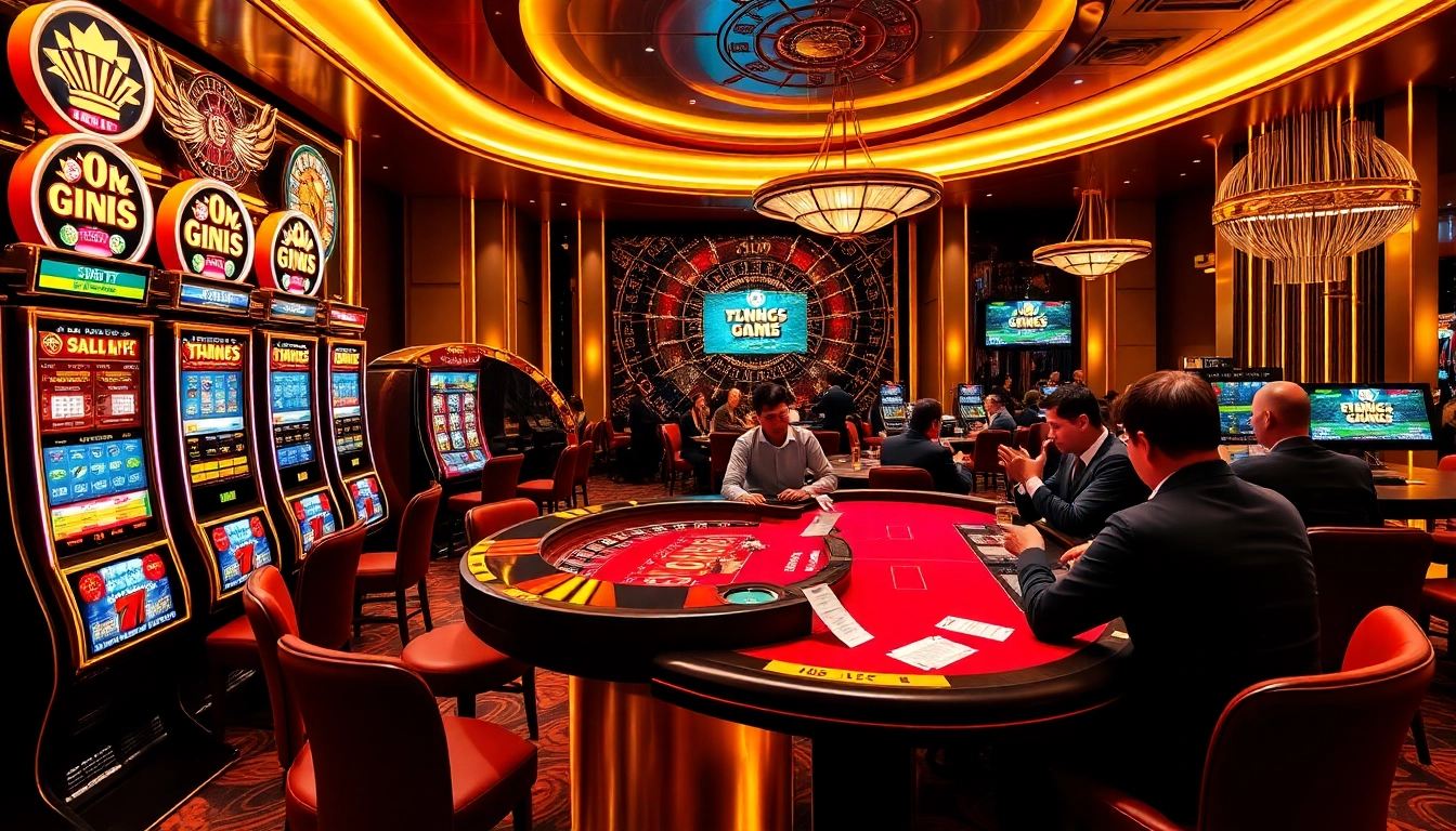 Exciting gaming action at cổng game 789club with vibrant slot machines and a roulette wheel.