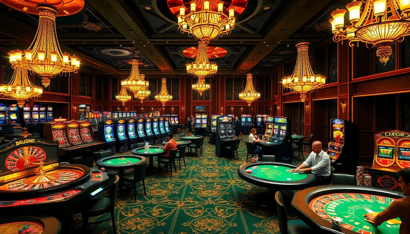 Experience the thrilling atmosphere of Jun 88 with players at casino tables and vibrant slot machines.