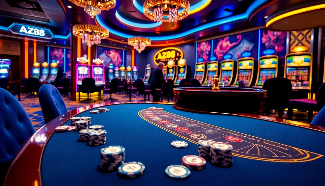 Experience the thrill of AZ88 with vibrant gaming elements and luxurious casino ambiance.
