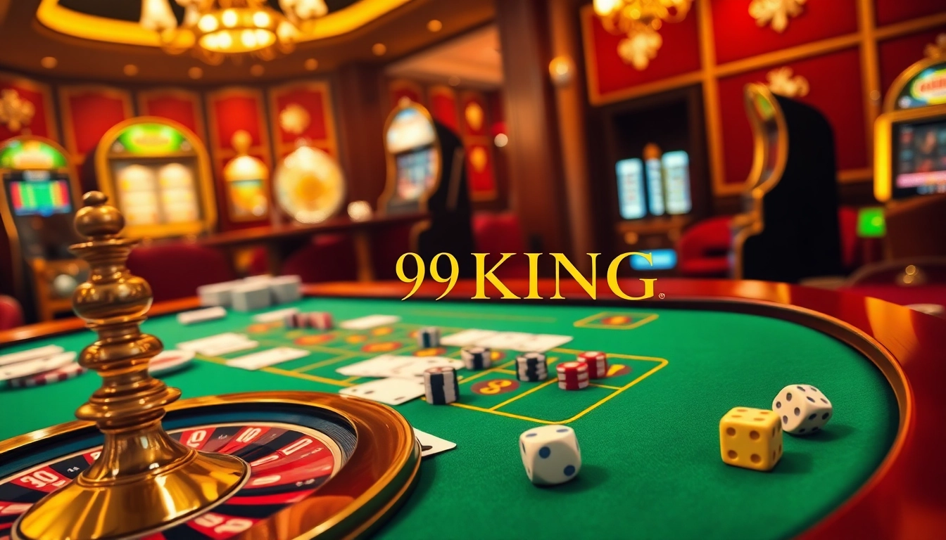 Engaging casino scene featuring 79KING with poker chips, roulette wheel, and vibrant colors.