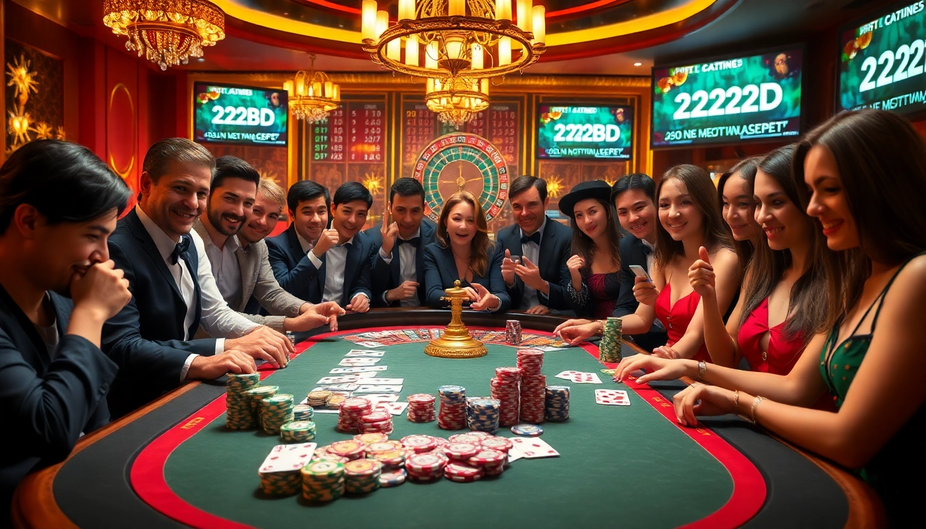 Players engaging in a thrilling casino game at the opulent 222BD table with colorful poker chips and cards.