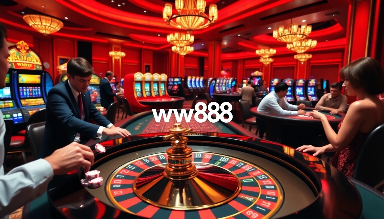 Excited players engaging at the roulette table at a luxurious ww88 casino atmosphere.