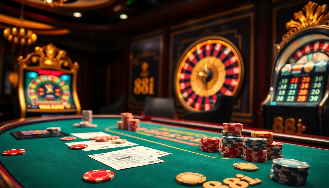 Experience the thrill of 88i with vibrant poker chips and a spinning roulette wheel in a luxurious casino setting.