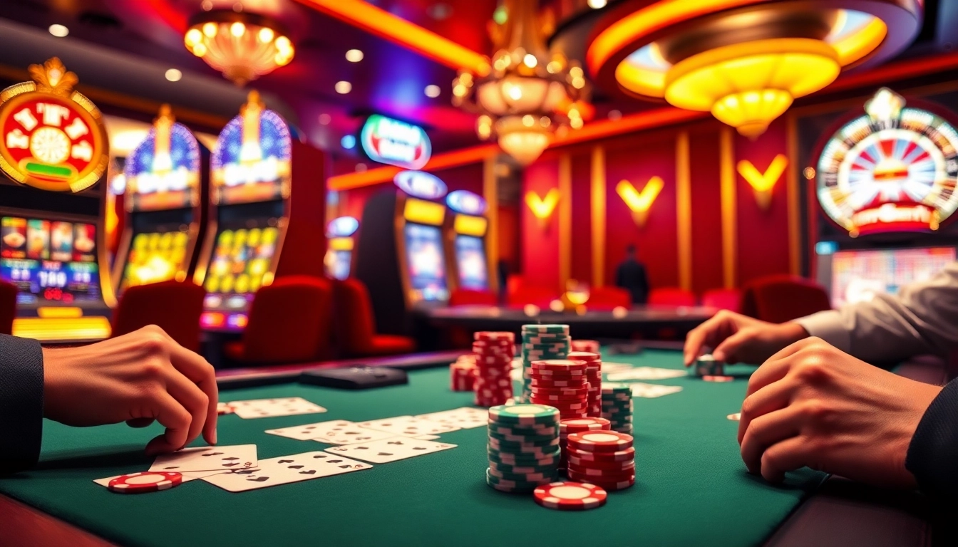 Players enjoying a thrilling game at RR88 casino, showcasing poker chips and cards.