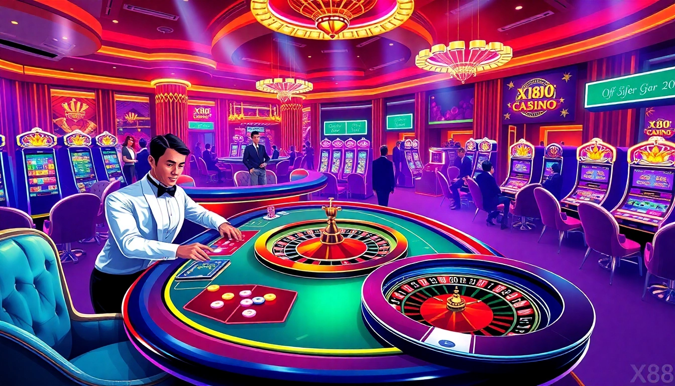 X88 casino table with exciting gameplay, vibrant poker chips, and engaging roulette wheel.
