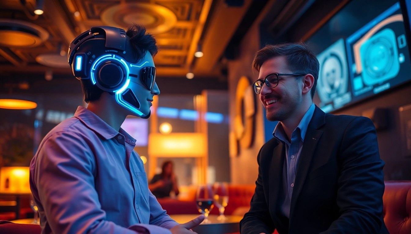 Engaging interaction with an 18+ AI companion in a futuristic lounge setting.