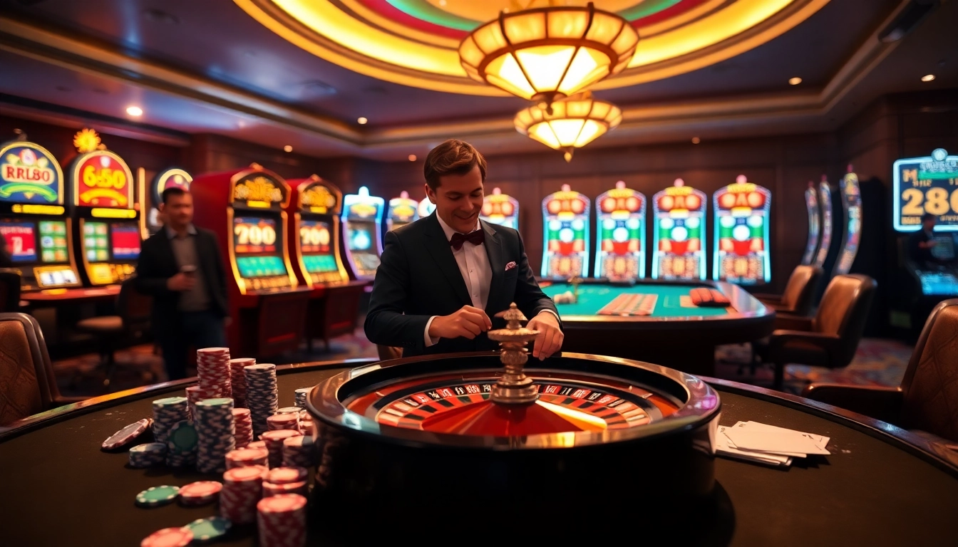 Experience the thrill of gambling at RR88 with poker chips and roulette wheels in a luxurious casino.