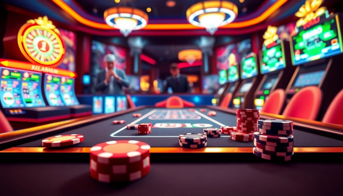 Engaging gameplay at XX88 Casino with vibrant poker chips and slot machines creating excitement.