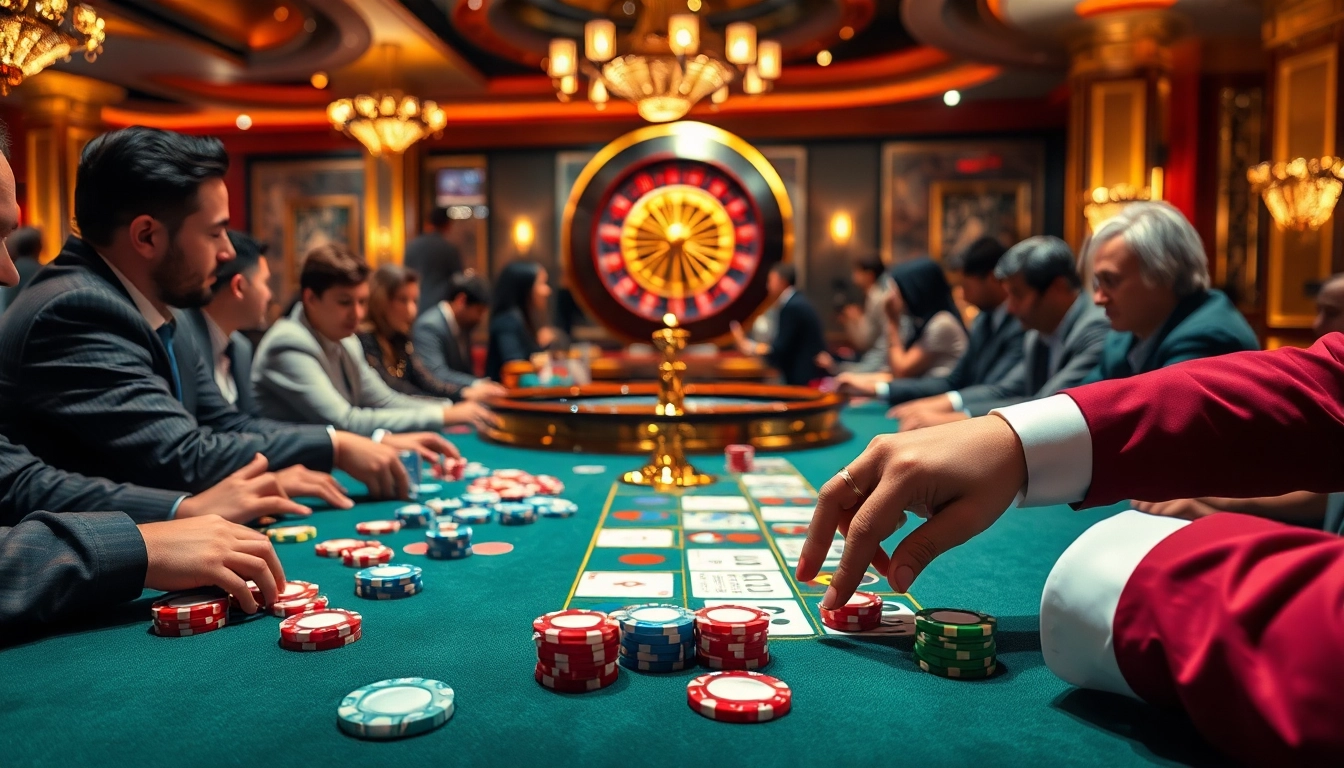 Engaging scene of players betting at uu881 club poker table in a vibrant casino atmosphere.