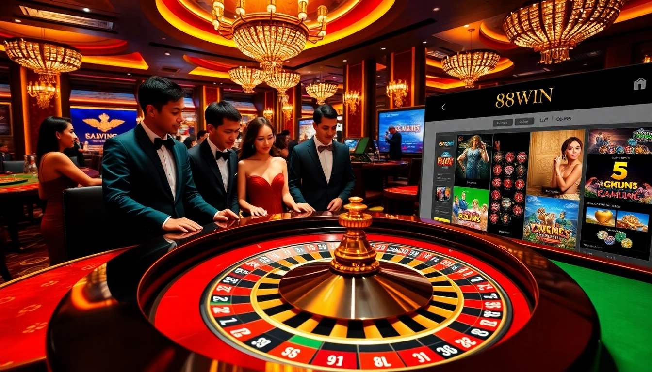 Engaged players placing bets on 68WIN roulette table in a vibrant casino setting.