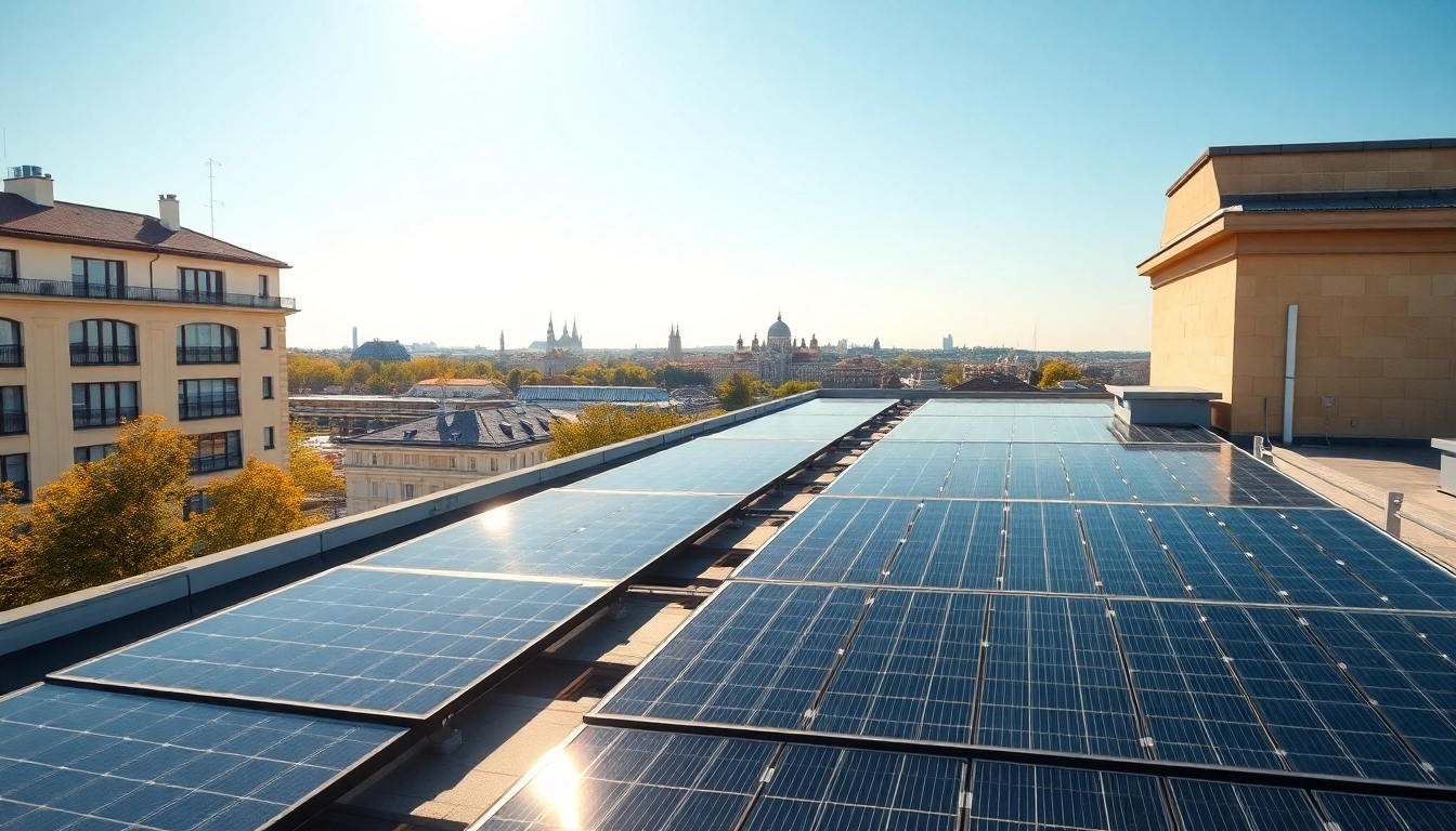 Photovoltaikanlage Kaufen Wien: Installation von Solarpanelen in Wien mit urbanem Hintergrund.