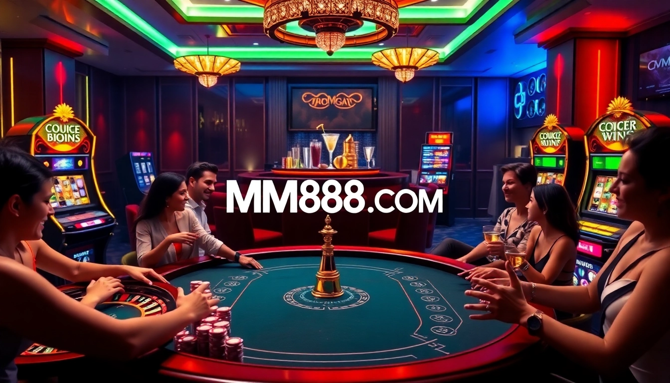 Gamblers enjoying a thrilling game at MM88 COM casino tables with vibrant chips and roulette wheels.