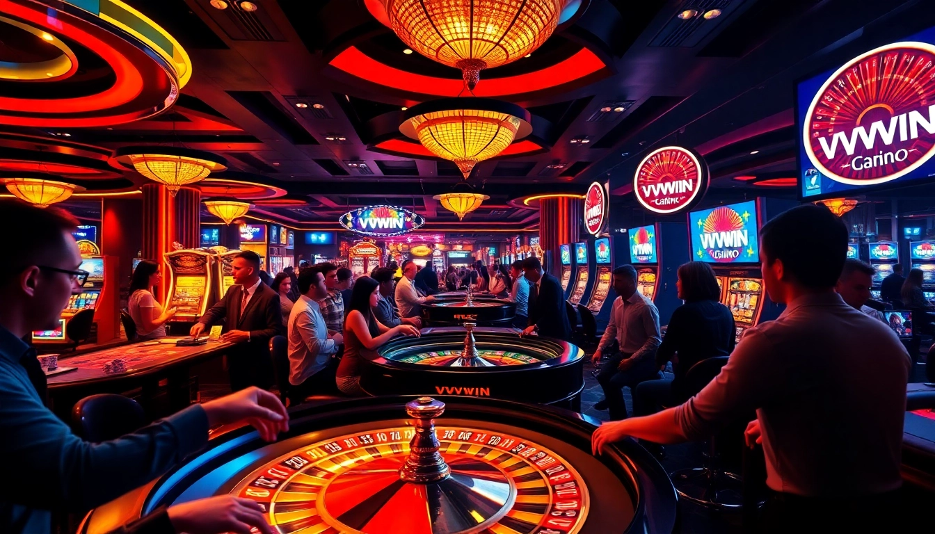 Experience vibrant excitement at VVVWIN casino with players engaged at roulette and slots.
