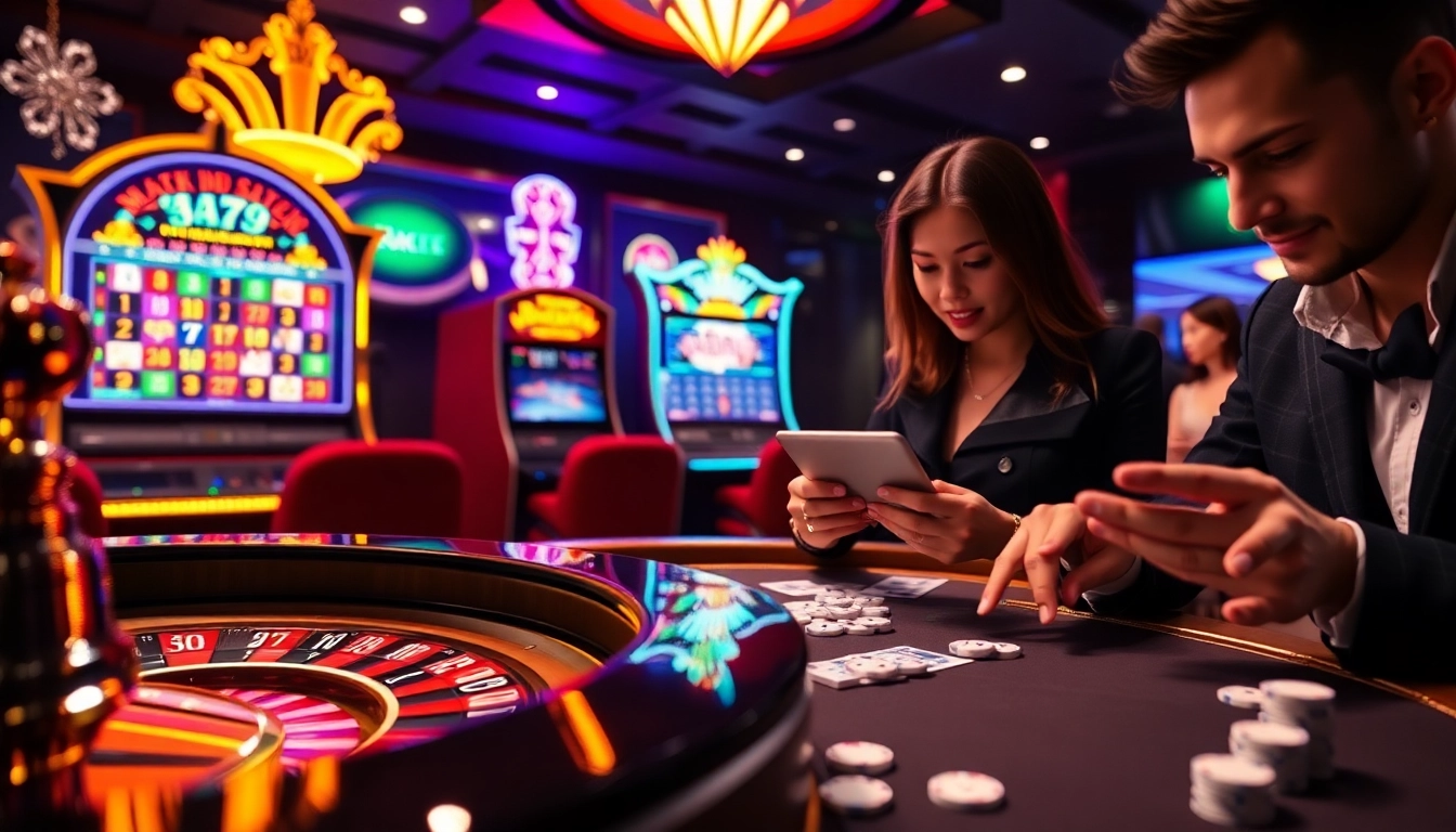 Sao789 online gambling scene with poker, slot machines, and roulette captures excitement and luxury.