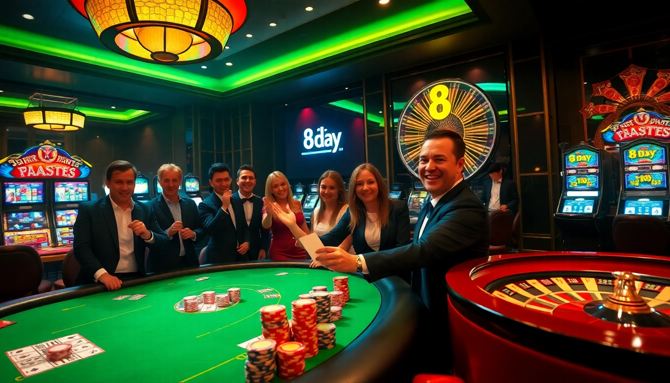 8day gamblers enjoy an exciting poker game at a stylish casino with rich colors and casino elements.