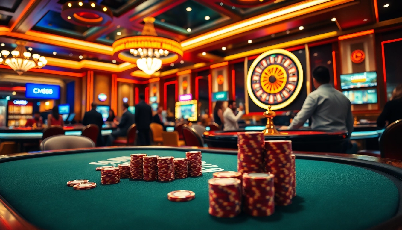 Engage in high-stakes poker with CM88 branded chips and vibrant casino atmosphere.