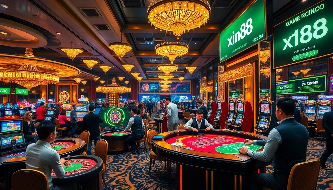 Players enjoying a vibrant casino experience with xin88, featuring roulette, blackjack tables, and engaging promotions.