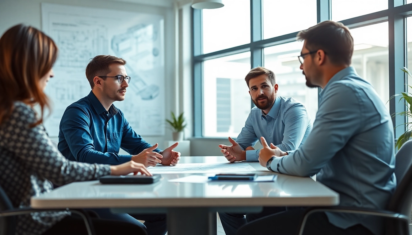 Headhunter Ingenieure at modern office discussing candidacy with engineering professionals.