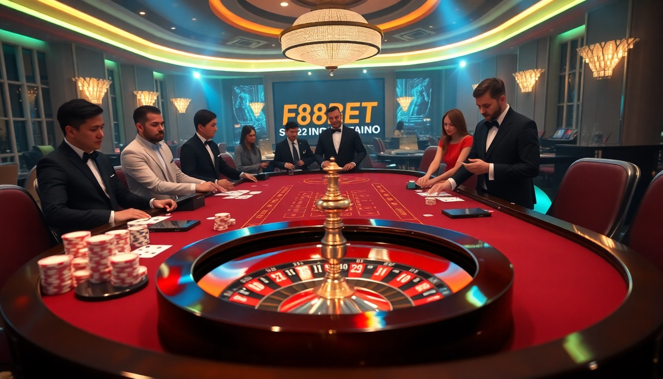 Experience the thrill of F88BET at a luxurious casino table filled with poker chips and cards.