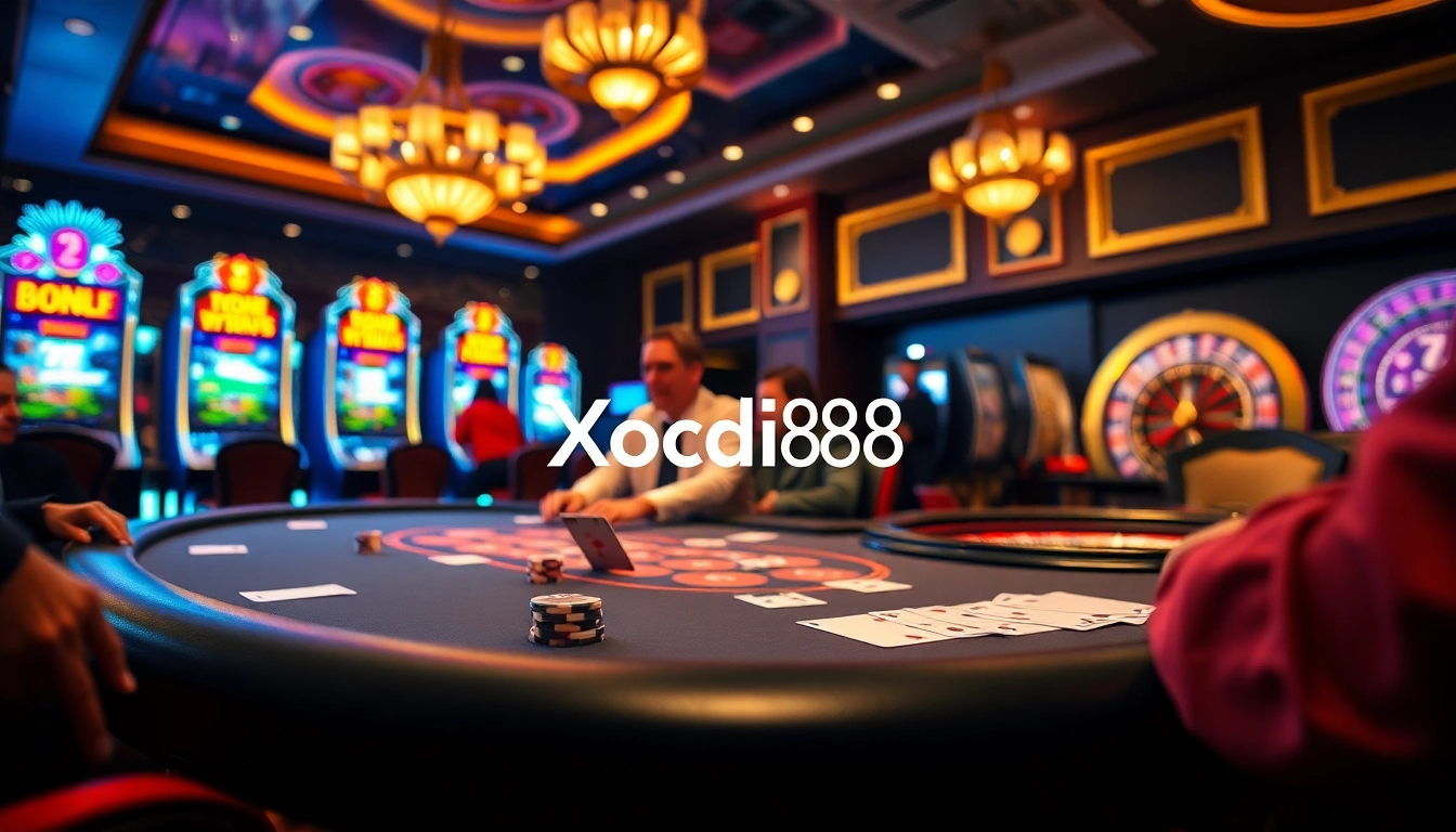 Xocdia88 poker scene capturing the thrill of high-stakes gaming with vibrant details.