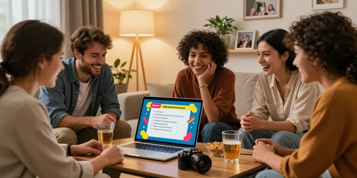 Freunde beim Quiz Allgemeinwissen in einem gemütlichen Wohnzimmer mit Snacks