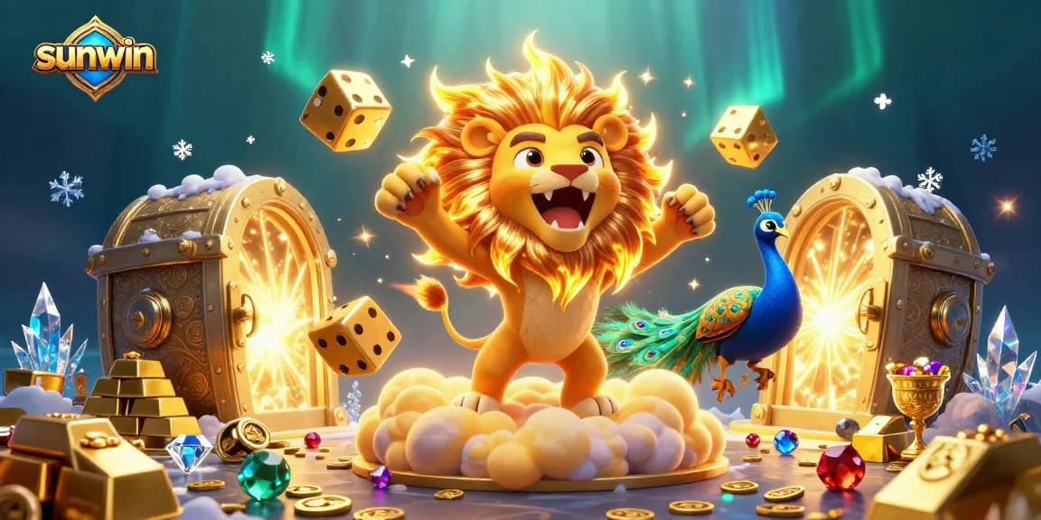Join the sunwin adventure with a roaring sun lion and golden treasures in this vibrant casino scene.